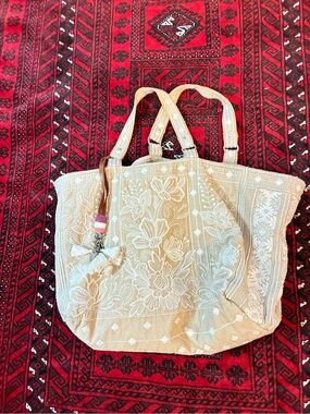Johnny Was Extra Large Cream Embroidered Tote with Tassel Charm